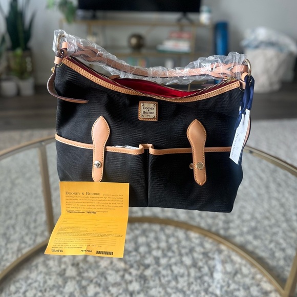 Dooney & Bourke Handbags - NWT Dooney and Bourke Florentine Vacchetta 2 pocket Canvas Bag, Black and Tan